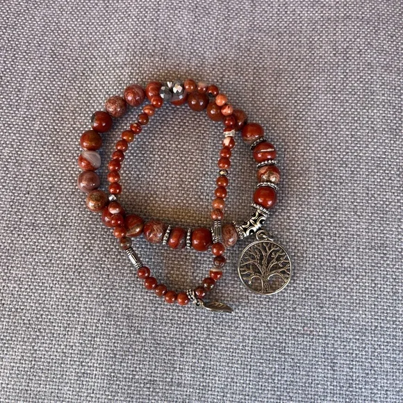 Red Jasper Beaded Bracelet Set w/ Tree of Life & Leaf Charms - Picture 2 of 5